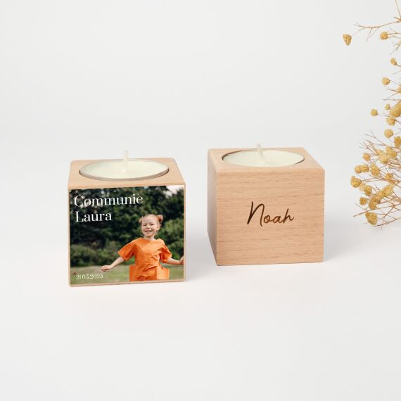 Houten theelichthouder - Vierkant - Communiebedankje - Sfeerbeeld 1